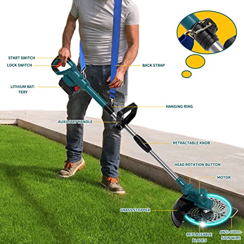 Electric Weed Wacker 2 X 4000mAh Battery Powered Weed Eater, 4-in-1 Cordless Grass Trimmer Brush Cutter Edger Lawn Tool with Shoulder Strap, Lightweight String Trimmer for Garden and Yard