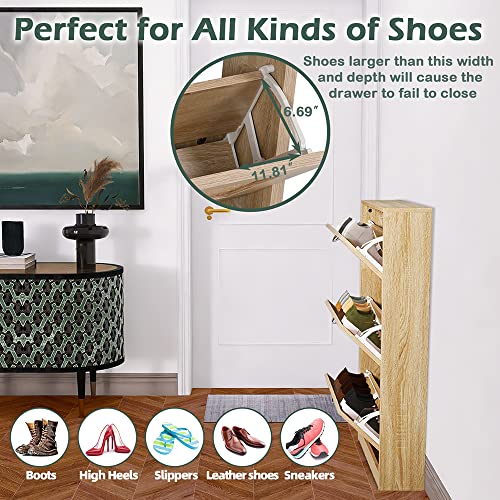 HOPUBUY Shoe Cabinet for Entryway, Narrow Shoe Storage Cabinet, Hidden Rattan Shoe Cabinet Wood 3 Tier Slim Shoe Rack for Home and Apartment, Nature