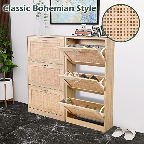 HOPUBUY Shoe Cabinet for Entryway, Narrow Shoe Storage Cabinet, Hidden Rattan Shoe Cabinet Wood 3 Tier Slim Shoe Rack for Home and Apartment, Nature