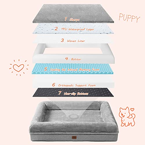EHEYCIGA Memory Foam Orthopedic Dog Beds for Large Dogs with 100% Foam Bolsters, Grey, 38x30