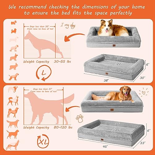 EHEYCIGA Memory Foam Orthopedic Dog Beds for Large Dogs with 100% Foam Bolsters, Grey, 38x30