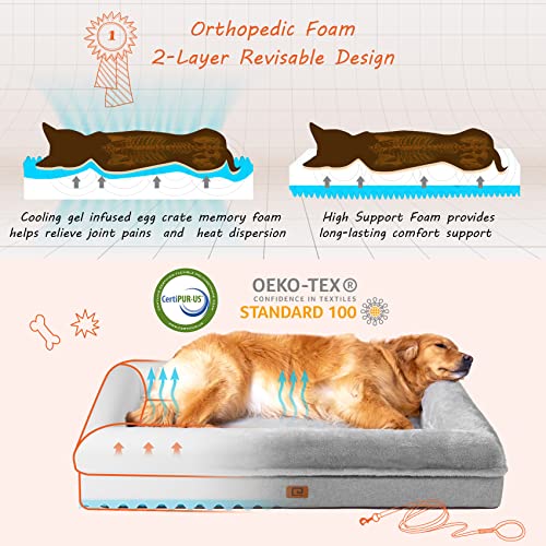 EHEYCIGA Memory Foam Orthopedic Dog Beds for Large Dogs with 100% Foam Bolsters, Grey, 38x30