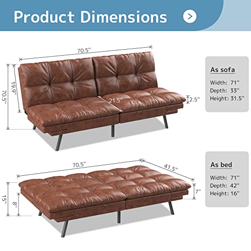 wOod-it Futon Sofa Bed, Memory Foam Foldable Couch Convertible Loveseat Sleeper Daybed with Adjustable Armrests for Small Space, Studio, Office, Apartment, Compact Living Room, Brown