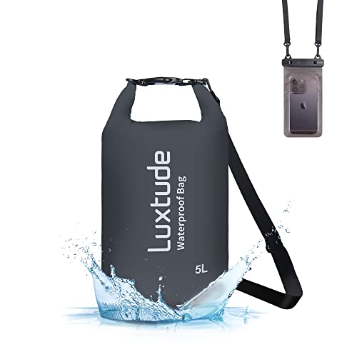 Luxtude Waterproof Dry Bag for Women Men, 5L Thicker Waterproof Backpack with Phone Case, Roll Top Floating Marine Dry Bags for Kayaking, Rafting, Hiking, Swimming, Boating, Beach etc. (Black)