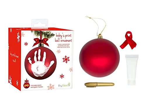 Tiny Ideas Baby's Print 1st Holiday Keepsake Ball Ornament with Included Paint for Handprint, DIY Christmas Ornament, Red (Pack of 2)