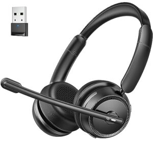 pointcinco bluetooth headset with ai noise canceling microphone, stereo hifi bluetooth headphones, wireless headset with usb dongle for computer office call center skype zoom meeting trucker
