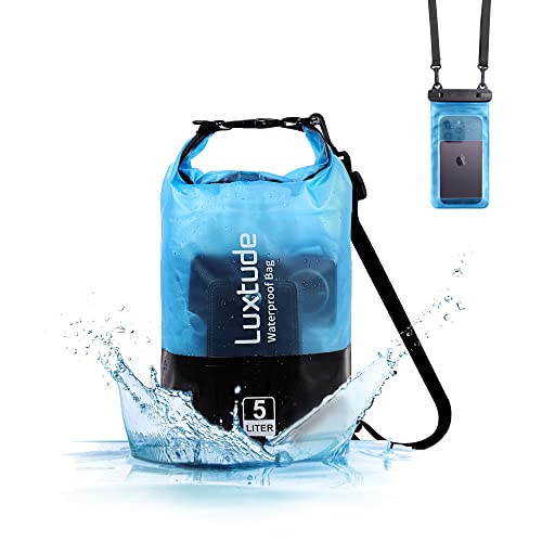 Luxtude Waterproof Dry Bag for Women Men, 5L Waterproof Backpack with Phone Case, Roll Top Floating Marine Dry Bags for Kayaking, Travel, Hiking, Swimming, Boating, Camping, Beach etc. (Blue)