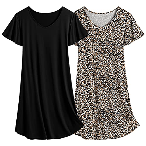 Ekouaer 2 Pack Nightgowns for Women Loose Night Shirt Comfy Sleepwear Ladies Soft Loungewear Black and Leopard XL