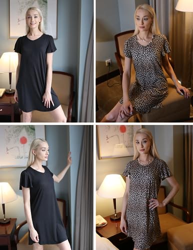 Ekouaer 2 Pack Nightgowns for Women Loose Night Shirt Comfy Sleepwear Ladies Soft Loungewear Black and Leopard XL