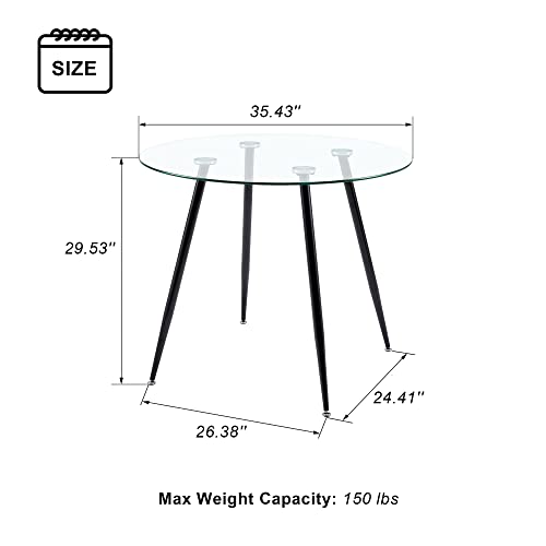 35" Modern Round Kitchen Table Coffee Table with Tempered Glass Top, Conference Table Round Dining Table for 4, Easy to Assemble and Clean Glass Round Table, Black(Table only)