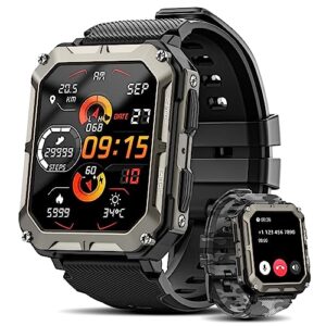 rgthuhu military smart watches for men (answer/make call), 100m waterproof rugged smart watch for android phones and iphone, 1.9" outdoor sports fitness tracker with heart rate, sleep monitor, black