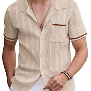 COOFANDY Mens Polo T Shirt Vintage Striped Knit Button Down Summer Vacation, Light Brown, Medium, Short Sleeve