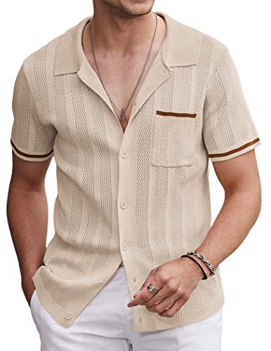 COOFANDY Mens Polo T Shirt Vintage Striped Knit Button Down Summer Vacation, Light Brown, Medium, Short Sleeve