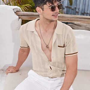 COOFANDY Mens Polo T Shirt Vintage Striped Knit Button Down Summer Vacation, Light Brown, Medium, Short Sleeve