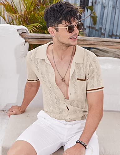 COOFANDY Mens Polo T Shirt Vintage Striped Knit Button Down Summer Vacation, Light Brown, Medium, Short Sleeve