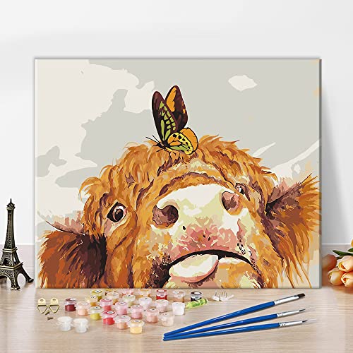 TUMOVO Cute Highland Cow Paint by Numbers for Adults Kids Retro Cow with Butterfly Pictures Oil Painting Kits by Number on Rustic Canvas Wall Decor for Home Living Room Farmhouse 16 inx20 in