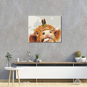 TUMOVO Cute Highland Cow Paint by Numbers for Adults Kids Retro Cow with Butterfly Pictures Oil Painting Kits by Number on Rustic Canvas Wall Decor for Home Living Room Farmhouse 16 inx20 in