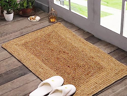 Jute Braided Natural Rug 2’X3' -Natural Linen Colour, Hand Woven & Reversible for Living Room Kitchen Entryway Rug, Jute Burlap Braided Rag Rug 24x36 inch, Farmhouse Rag Rug, Rustic Rug