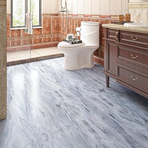 Livelynine Peel and Stick Floor Tile Blue Marble 24X12" 4-Tiles Stick on Bathroom Floor Tiles Peel and Stick Waterproof Vinyl Laminate Flooring Peel & Stick Tiles for Floor Kitchen Wall Tile Stickers