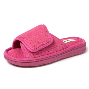 dearfoams women's adjustable indoor/outdoor machine washable memory foam slide slipper, paradise pink terry, 7-8
