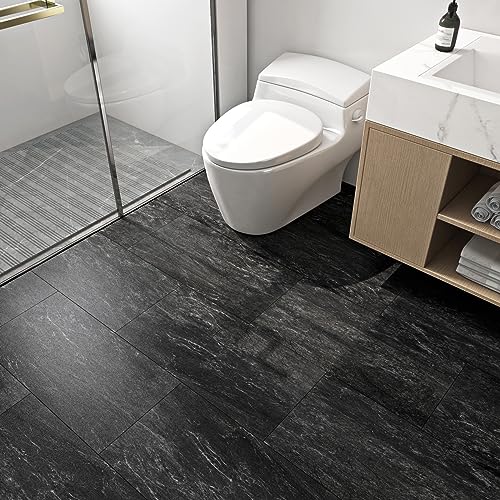 FunStick Peel and Stick Floor Tile Black Grey Marble 12"x24" Vinyl Flooring Planks Peel and Stick Flooring for Bathroom Floor Tiles Peel and Stick Waterproof Sticky Tiles for Floor Walls Kitchen 5 Pcs