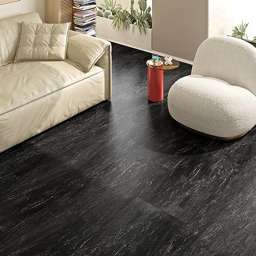 FunStick Peel and Stick Floor Tile Black Grey Marble 12"x24" Vinyl Flooring Planks Peel and Stick Flooring for Bathroom Floor Tiles Peel and Stick Waterproof Sticky Tiles for Floor Walls Kitchen 5 Pcs