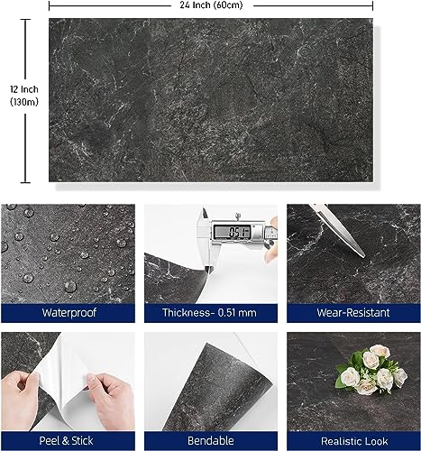 FunStick Peel and Stick Floor Tile Black Grey Marble 12"x24" Vinyl Flooring Planks Peel and Stick Flooring for Bathroom Floor Tiles Peel and Stick Waterproof Sticky Tiles for Floor Walls Kitchen 5 Pcs