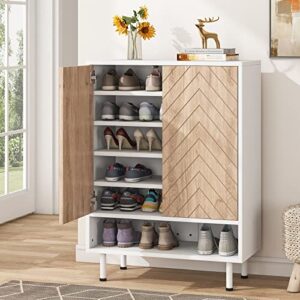 tribesigns shoe cabinet, 18 pair rack organizer cabinet with door, 6-tier modern storage shelves for entryway hallway closet, white and brown