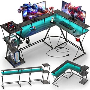 seven warrior l shaped gaming desk with led lights & power outlets, 58” reversible computer desk with storage shelf & monitor stand, corner desk with cup holder, with headphone hook, black