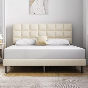 molblly queen bed frame upholstered platform with headboard and strong wooden slats,non-slip and noise-free,no box spring needed, easy assembly,light beige