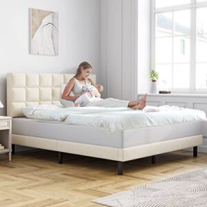 Molblly Queen Bed Frame Upholstered Platform with Headboard and Strong Wooden Slats,Non-Slip and Noise-Free,No Box Spring Needed, Easy Assembly,Light Beige