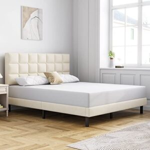 Molblly Queen Bed Frame Upholstered Platform with Headboard and Strong Wooden Slats,Non-Slip and Noise-Free,No Box Spring Needed, Easy Assembly,Light Beige