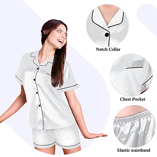 Unittype Women Silk Satin Pajama for Bridal Spa Wedding Party Short Sleeve Sleepwear Soft Button Down Loungewear 2 Pcs Pjs (as1, alpha, l, White)