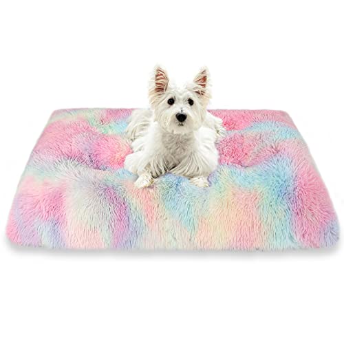 Patas Lague Soft Plush Small Dog Bed for Small Dogs 26''x20''x4'', Faux Fur Fluffy Dog Crate Mat Pet Cat Kennel Pad with Anti-Slip Bottom, Machine Washable Rainbow1