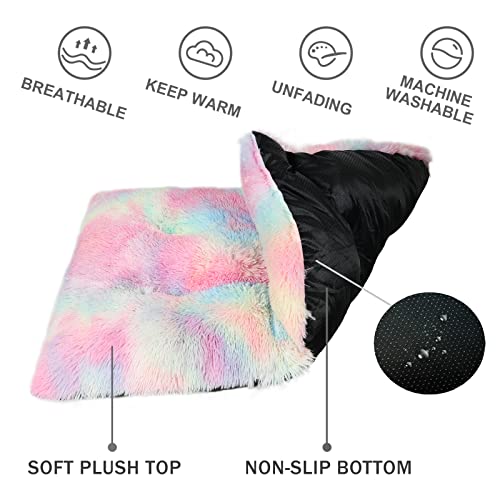 Patas Lague Soft Plush Small Dog Bed for Small Dogs 26''x20''x4'', Faux Fur Fluffy Dog Crate Mat Pet Cat Kennel Pad with Anti-Slip Bottom, Machine Washable Rainbow1