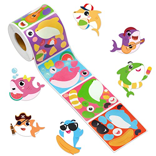 Haooryx 300pcs Ocean Animal Make A Shark Stickers Roll Funny Make Your Own Sea Creature Sticker Mix and Match Shark DIY Sticker for Water Bottles Laptop Kids Birthday Party Favors