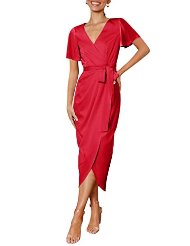 ZESICA Women's Elegant Bodycon Party Dress Satin Wrap V Neck Ruched Belted Formal Midi Dresses,Red,Medium