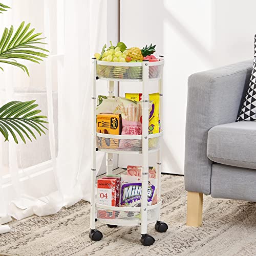 APEXCHASER 3-Tier Metal Storage Rolling Cart, Collapsible Utility Cart, No Assemble, Multifunction Serving Organizer Trolley with Lockable Wheels for Kitchen, Living Room, Bathroom,White
