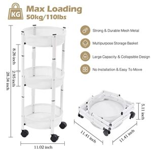 APEXCHASER 3-Tier Metal Storage Rolling Cart, Collapsible Utility Cart, No Assemble, Multifunction Serving Organizer Trolley with Lockable Wheels for Kitchen, Living Room, Bathroom,White