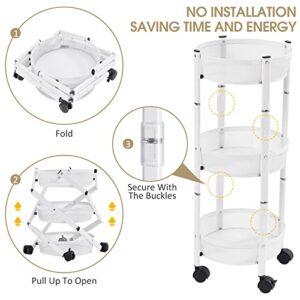 APEXCHASER 3-Tier Metal Storage Rolling Cart, Collapsible Utility Cart, No Assemble, Multifunction Serving Organizer Trolley with Lockable Wheels for Kitchen, Living Room, Bathroom,White