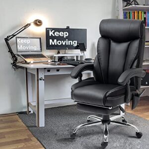 Big and Tall Ergonomic Office Chair, Massage Office Chair 350lb Wide Seat Desk Chair with Massage High Back PU Leather Computer Chair Executive Work Chair with Wheels (Black)