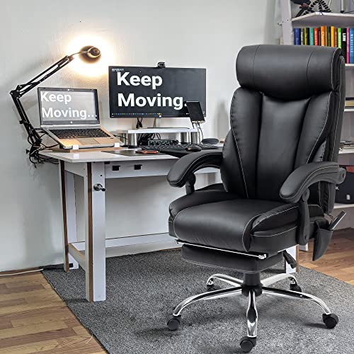 Big and Tall Ergonomic Office Chair, Massage Office Chair 350lb Wide Seat Desk Chair with Massage High Back PU Leather Computer Chair Executive Work Chair with Wheels (Black)