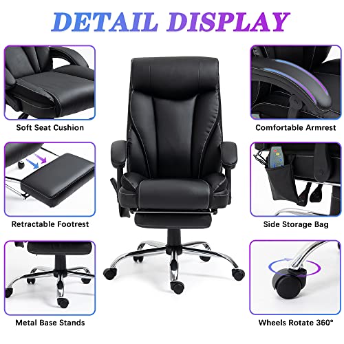 Big and Tall Ergonomic Office Chair, Massage Office Chair 350lb Wide Seat Desk Chair with Massage High Back PU Leather Computer Chair Executive Work Chair with Wheels (Black)