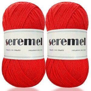 seremel 4ply acrylic soft yarn 2 balls 1pack, 2 pcs crochet yarn total 100g (3.4oz) / 260m (280yds), crocheting/knitting #4 medium yarns, worsted beautiful color (hot red)