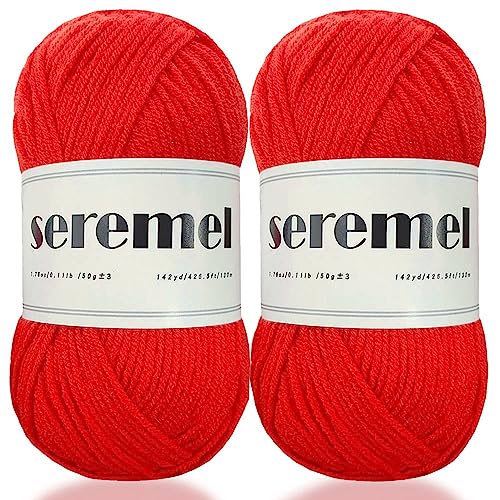 seremel 4Ply Acrylic Soft Yarn 2 Balls 1Pack, 2 Pcs Crochet Yarn Total 100g (3.4oz) / 260m (280Yds), Crocheting/Knitting #4 Medium Yarns, Worsted Beautiful Color (Hot Red)