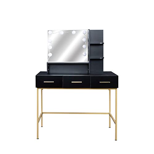 Vanity Set with Mirror and Stool, Vanity Desk with Mirror and Lights, Dressing Table with Drawers, Vanity Mirror with Lights Desk and Chair, Makeup Vanity Chair Stool for Bedroom, Black