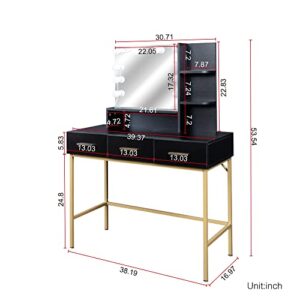 Vanity Set with Mirror and Stool, Vanity Desk with Mirror and Lights, Dressing Table with Drawers, Vanity Mirror with Lights Desk and Chair, Makeup Vanity Chair Stool for Bedroom, Black