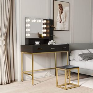 Vanity Set with Mirror and Stool, Vanity Desk with Mirror and Lights, Dressing Table with Drawers, Vanity Mirror with Lights Desk and Chair, Makeup Vanity Chair Stool for Bedroom, Black