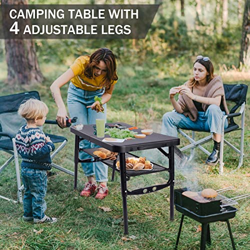 imodomio Small Folding Camping Table Portable - Adjustable Height Fold Up Table with Mesh Layer Foldable Table Lightweight with Carry Handle for Outdoor Hiking Camp BBQ Picnic Beach Cooking