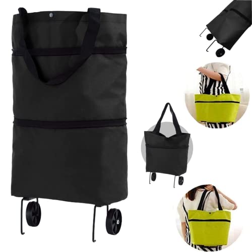 Foldable Shopping Trolley Tote Bag,Large-Capacity Shopping Bag with Wheels Portable Shopping Cart Reusable Portable Grocery Bag,Women Shopper Bag for Vegetable and Fruit (Black)